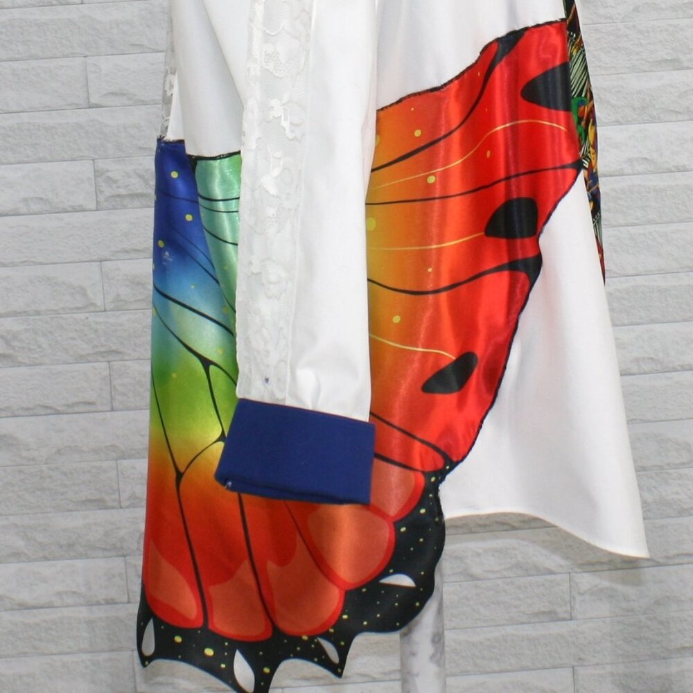 HAND CRAFTED Upcycled Shirt Shacket White Lace Swim Cover Butterfly Parrot Tie - Picture 6 of 16